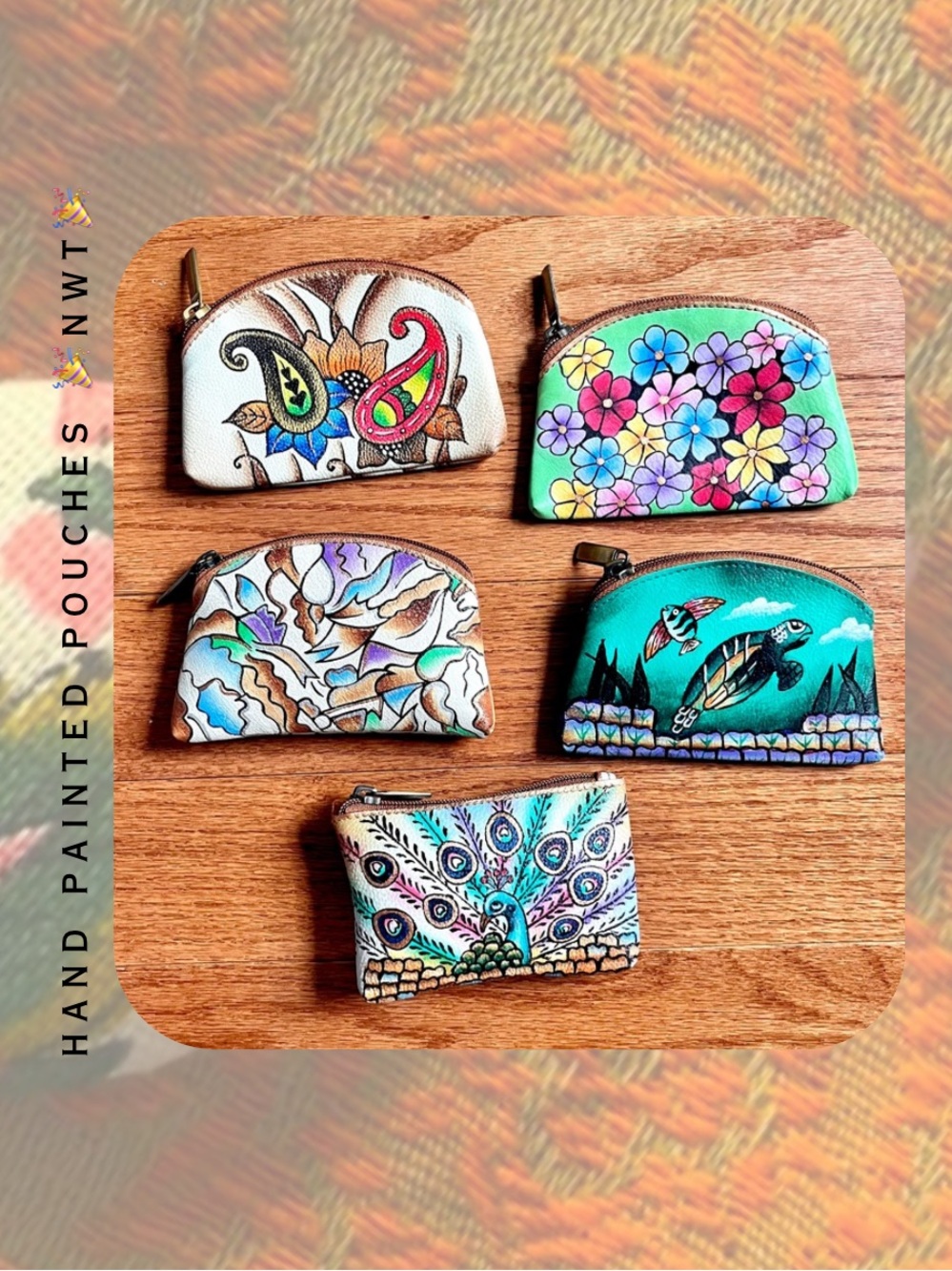 Set of 5 Hand-Painted Abstract Floral, Paisley, Animal Faux Leather Coin Pouches